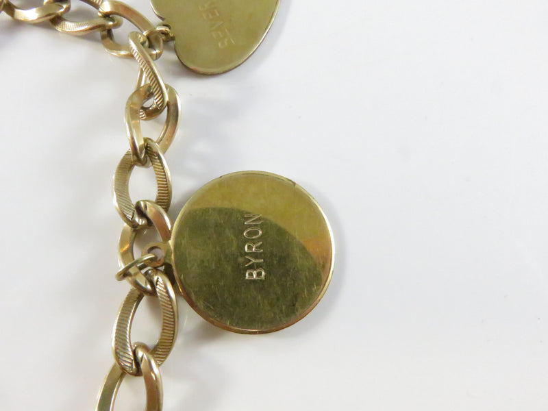 Engraved Disc Charm Bracelet, 12K Gold Filled Chain, Vintage Heart & Zodiac Charms, 7"