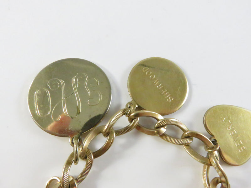 Engraved Disc Charm Bracelet, 12K Gold Filled Chain, Vintage Heart & Zodiac Charms, 7"