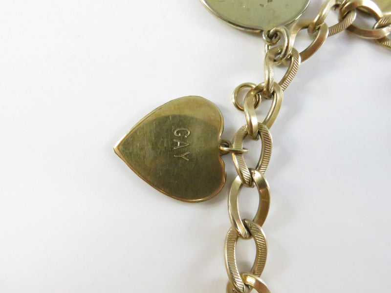 Engraved Disc Charm Bracelet, 12K Gold Filled Chain, Vintage Heart & Zodiac Charms, 7"