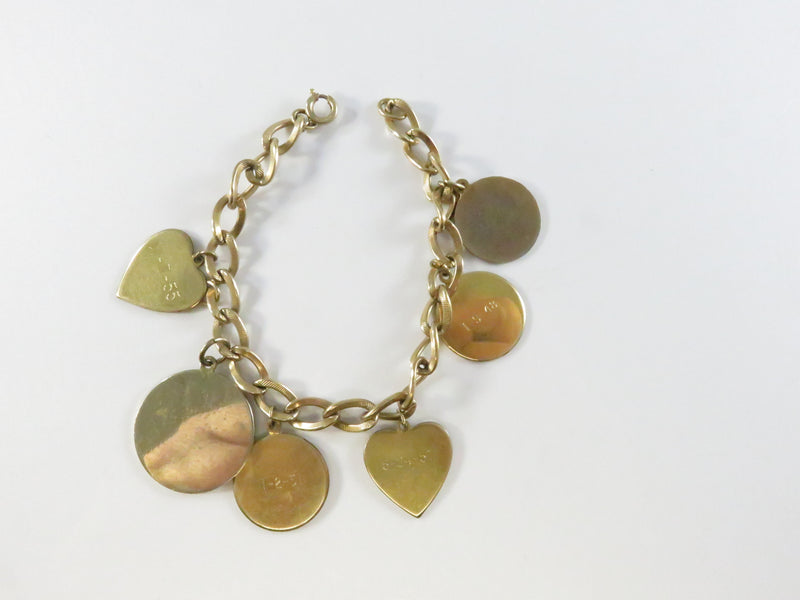 Engraved Disc Charm Bracelet, 12K Gold Filled Chain, Vintage Heart & Zodiac Charms, 7"