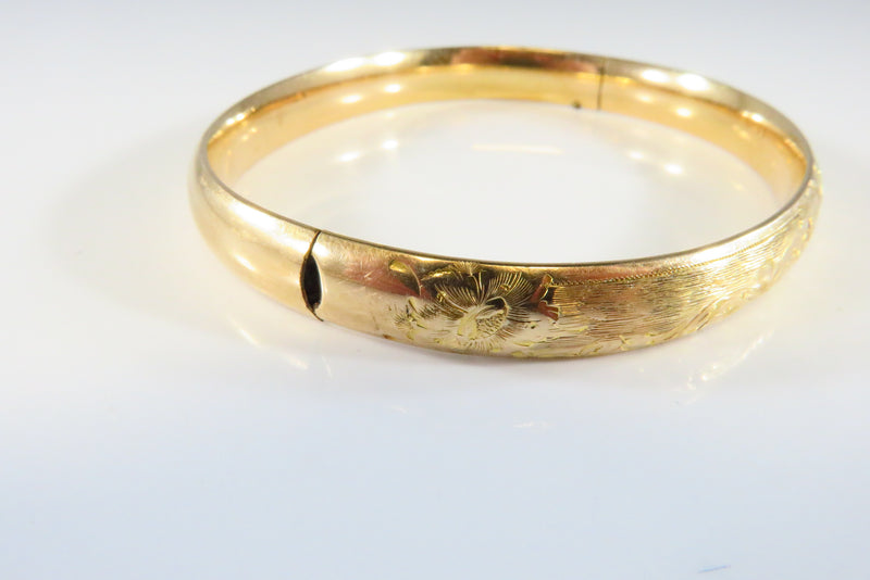 Fancy Etched Gold Filled Hinged Bangle Bracelet Marked HB 6 1/2" Long