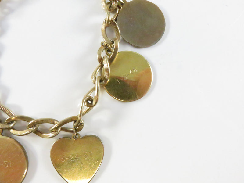 Engraved Disc Charm Bracelet, 12K Gold Filled Chain, Vintage Heart & Zodiac Charms, 7"