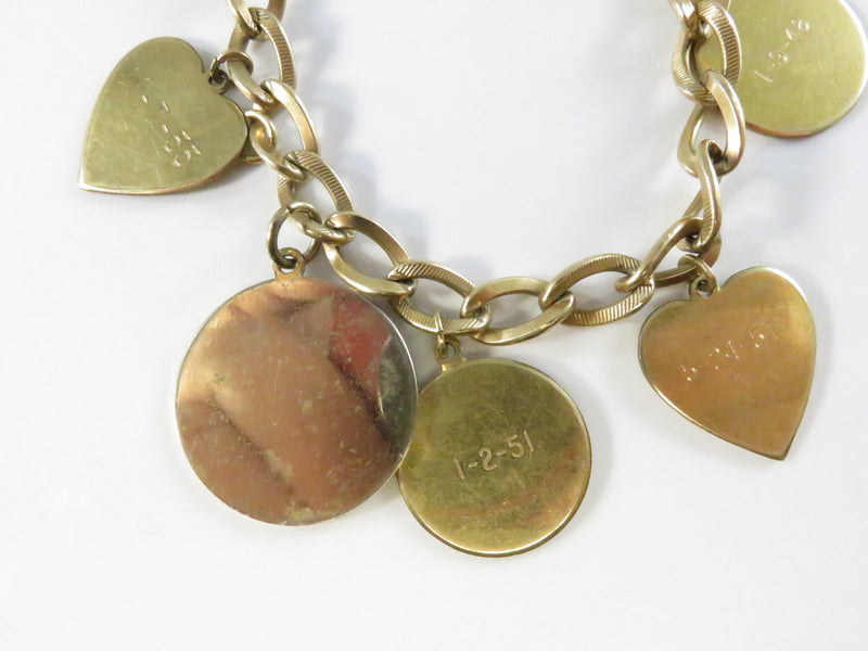 Engraved Disc Charm Bracelet, 12K Gold Filled Chain, Vintage Heart & Zodiac Charms, 7"