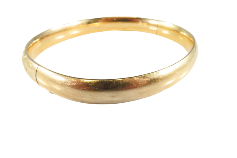 Fancy Etched Gold Filled Hinged Bangle Bracelet Marked HB 6 1/2" Long — Victorian Edwardian • Gold, Yellow Gold — front view