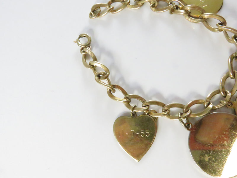 Engraved Disc Charm Bracelet, 12K Gold Filled Chain, Vintage Heart & Zodiac Charms, 7"