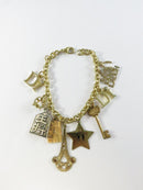 Assorted Charm Bracelet, Gold Tone Chain, Key Star Wishbone, 7.5" Length, Repurpose Charms — Gold — front view
