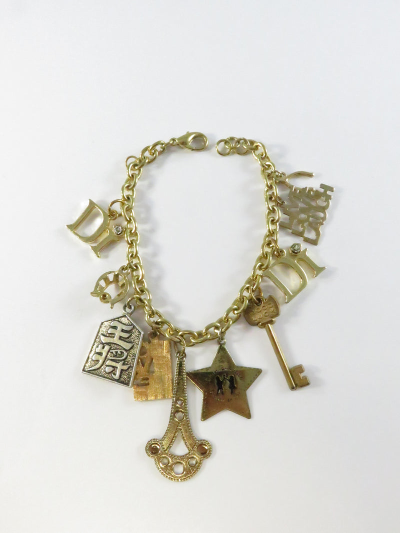 Assorted Charm Bracelet, Gold Tone Chain, Key Star Wishbone, 7.5" Length, Repurpose Charms