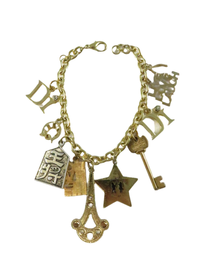 Assorted Charm Bracelet, Gold Tone Chain, Key Star Wishbone, 7.5" Length, Repurpose Charms