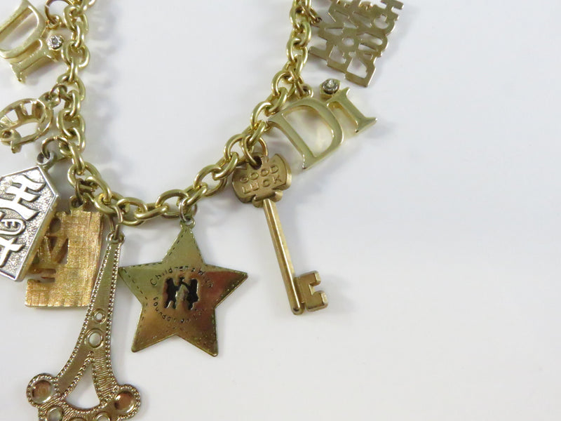 Assorted Charm Bracelet, Gold Tone Chain, Key Star Wishbone, 7.5" Length, Repurpose Charms