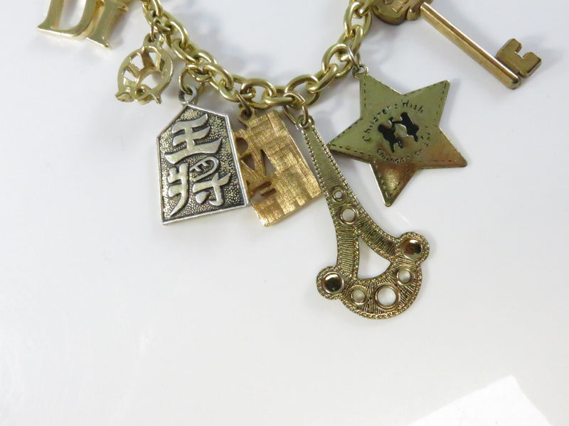 Assorted Charm Bracelet, Gold Tone Chain, Key Star Wishbone, 7.5" Length, Repurpose Charms