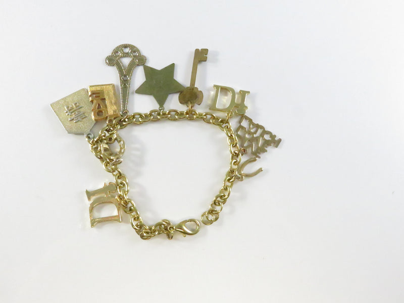 Assorted Charm Bracelet, Gold Tone Chain, Key Star Wishbone, 7.5" Length, Repurpose Charms