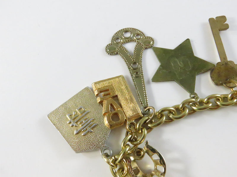 Assorted Charm Bracelet, Gold Tone Chain, Key Star Wishbone, 7.5" Length, Repurpose Charms