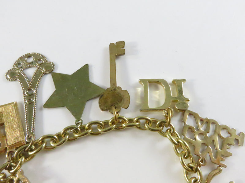 Assorted Charm Bracelet, Gold Tone Chain, Key Star Wishbone, 7.5" Length, Repurpose Charms