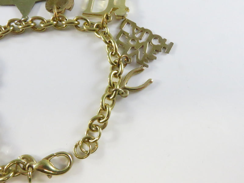 Assorted Charm Bracelet, Gold Tone Chain, Key Star Wishbone, 7.5" Length, Repurpose Charms