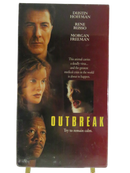 Front of Outbreak VHS slipcover with Dustin Hoffman, Rene Russo, Morgan Freeman, and outbreak virus imagery