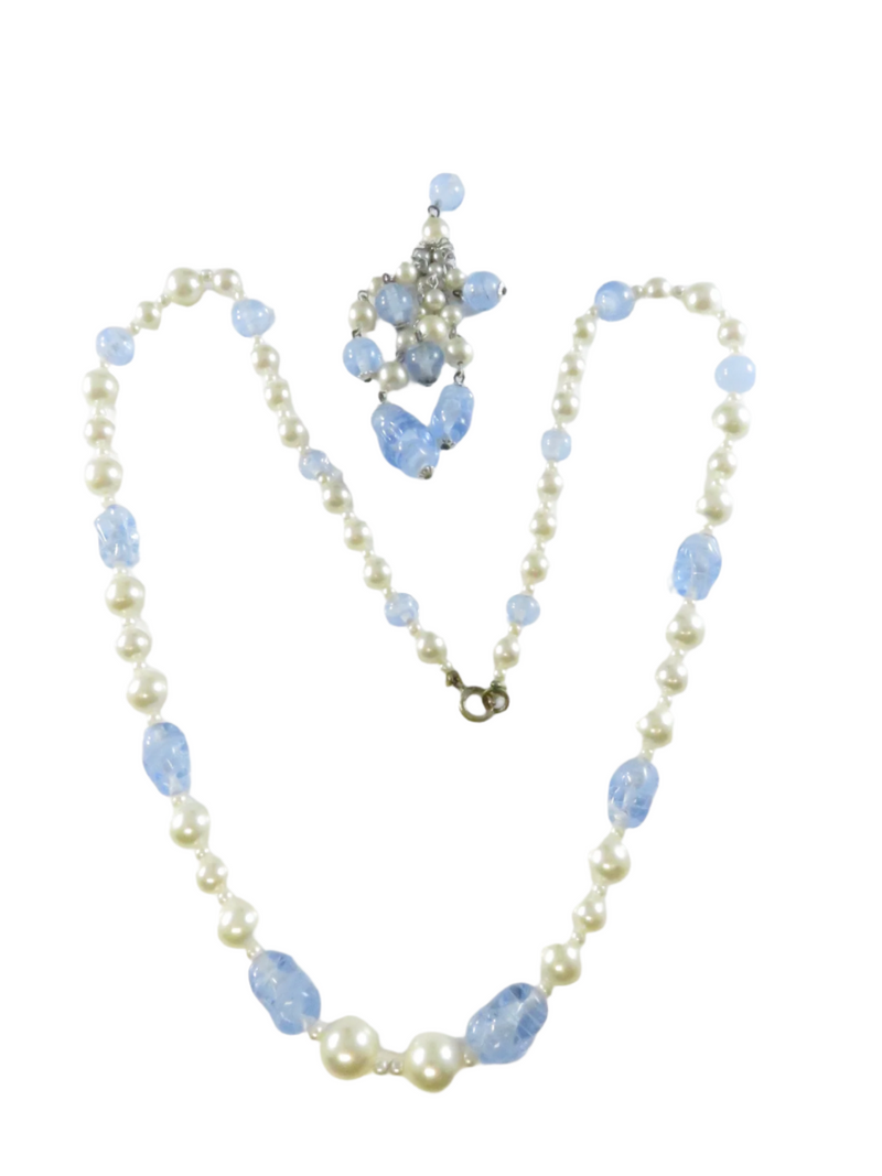 Blue Glass Bead Estate Necklace, 27.5" Vintage Style — Pearl — front view