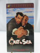 Back of Out to Sea 20th Selections VHS slipcover with plot text, film stills, cruise ship image, and UPC barcode