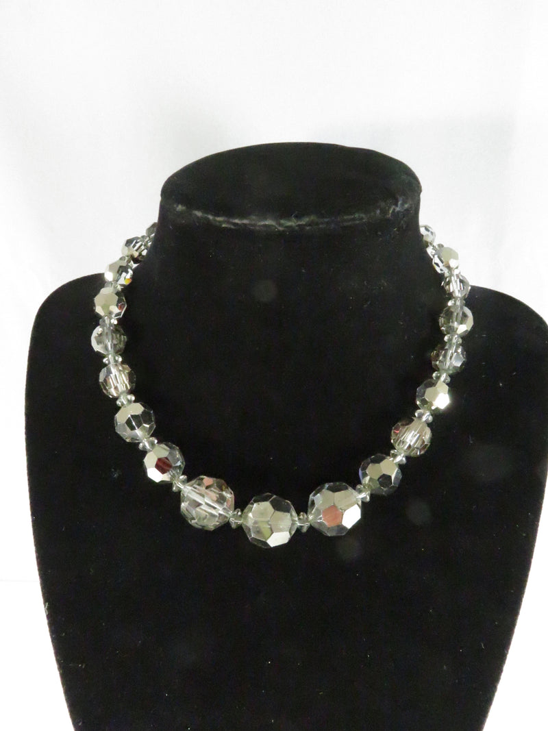 Vintage 1950's Faceted Smokey Crystal Glass Bead Choker Necklace, 14"