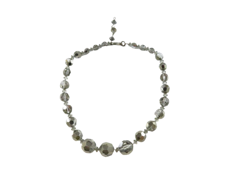 Vintage 1950's Faceted Smokey Crystal Glass Bead Choker Necklace, 14"