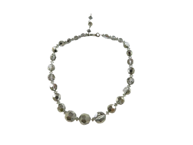 Vintage 1950's Faceted Smokey Crystal Glass Bead Choker Necklace, 14" — Silver — front view