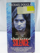 Back cover of factory-sealed Shattered Silence VHS slipcover showing synopsis, Michael Douglas image, and Front Row Entertainment logo