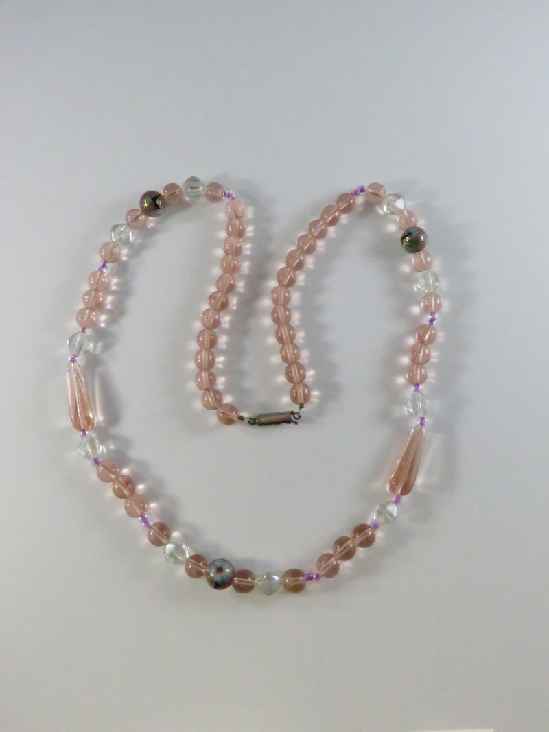 Vintage 1970s Asian Cloisonné & Pink Glass Bead Necklace, 24 Inch Strand