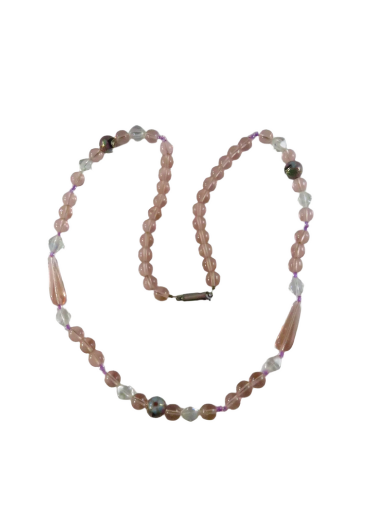Vintage 1970s Asian Cloisonné & Pink Glass Bead Necklace, 24 Inch Strand — Diamond — front view