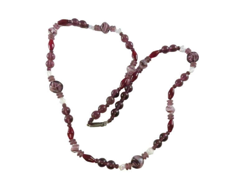 Vintage 1970s Amethyst Glass Bead Necklace, 24 Inch, Restring Needed — Diamond, Amethyst — front view