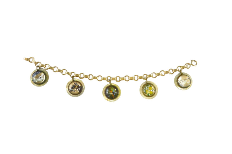 Gold Filled Reverse Painted Bubble Glass Charm Bracelet Rolo Chain Style 7" — Gold • Pearl — front view