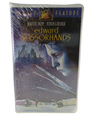 Front cover of factory-sealed Edward Scissorhands Family Feature VHS clamshell with Johnny Depp and Winona Ryder