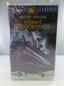 Back cover of factory-sealed Edward Scissorhands Family Feature VHS clamshell showing synopsis, credits, and UPC barcode
