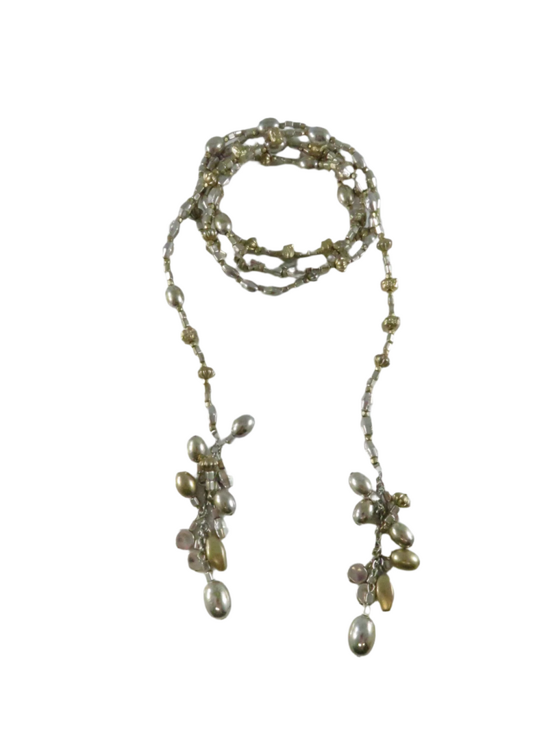 Vintage Silver & Gold Metal Beaded 55" Lasso Necklace with Tassels — Gold, Silver — front view