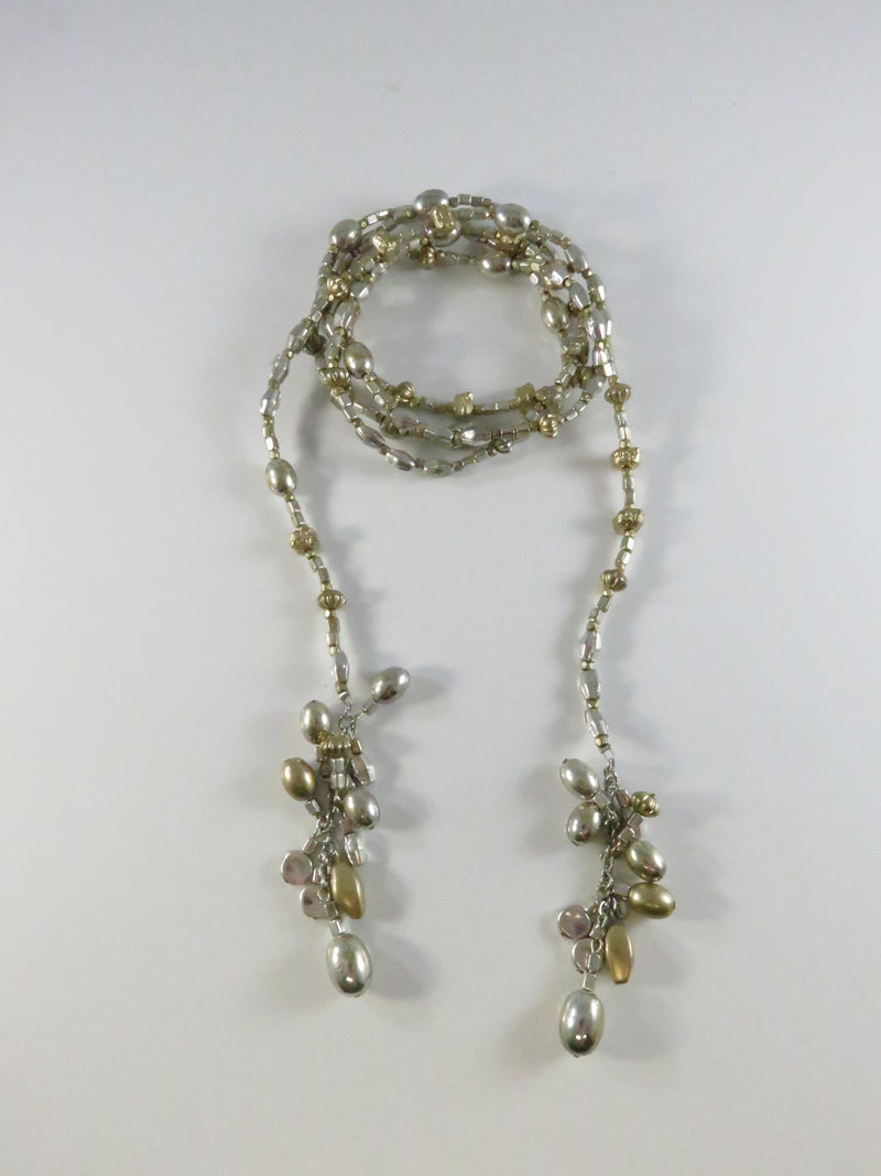 Vintage Silver & Gold Metal Beaded 55" Lasso Necklace with Tassels