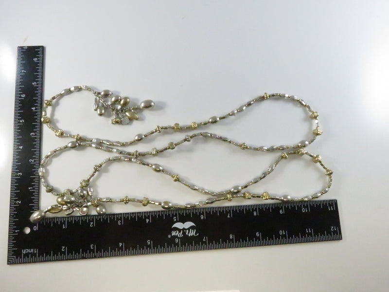 Vintage Silver & Gold Metal Beaded 55" Lasso Necklace with Tassels