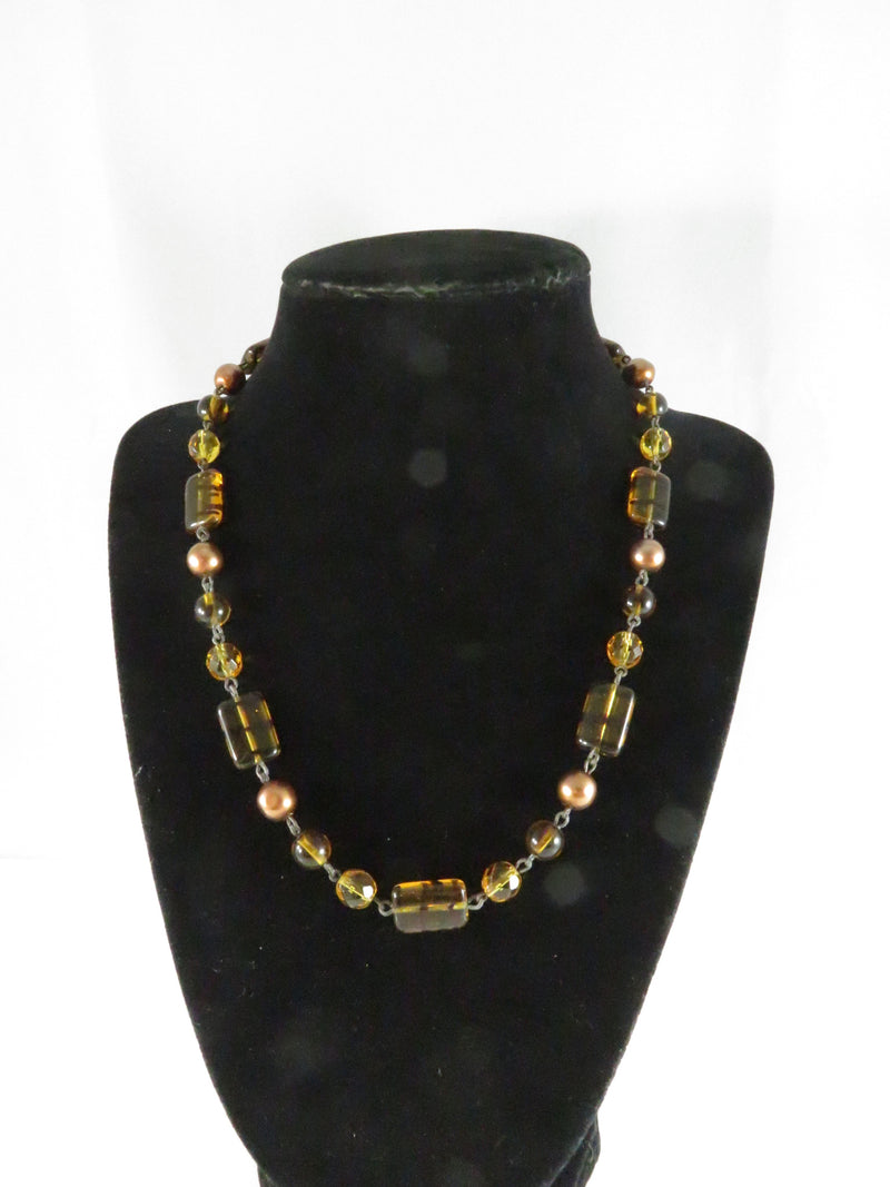 Vintage 1980s Amber & Faux Pearl Glass Bead Necklace, 18 Inch