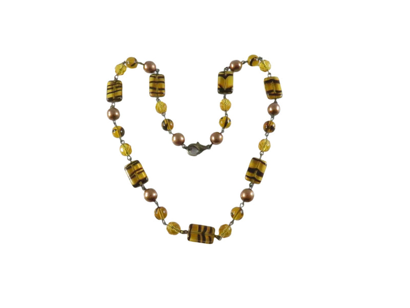 Vintage 1980s Amber & Faux Pearl Glass Bead Necklace, 18 Inch — Pearl — front view