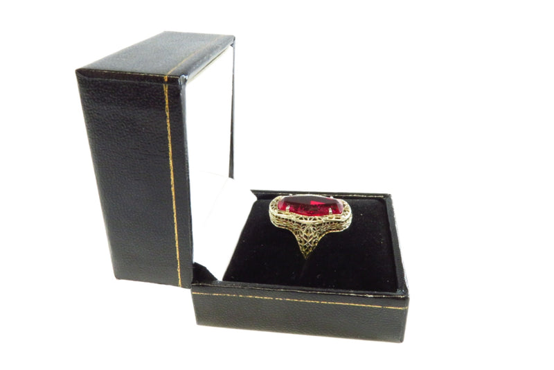 Classic Leatherette Black Ring Box With Gold Trim for Small Medium Rings. Shown with sample ring.