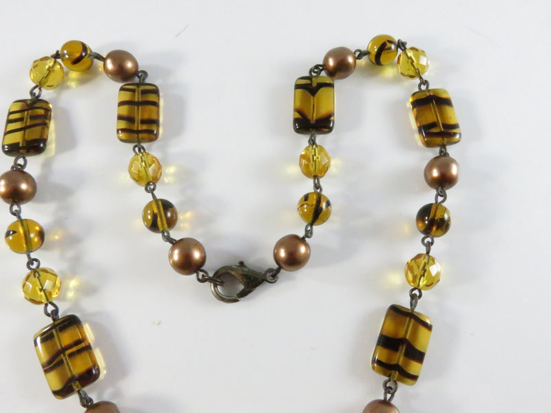 Vintage 1980s Amber & Faux Pearl Glass Bead Necklace, 18 Inch