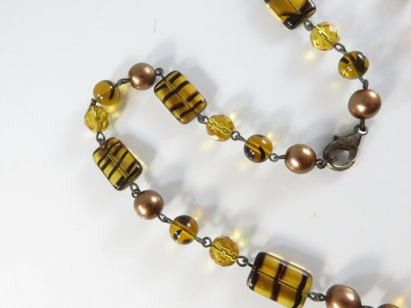 Vintage 1980s Amber & Faux Pearl Glass Bead Necklace, 18 Inch