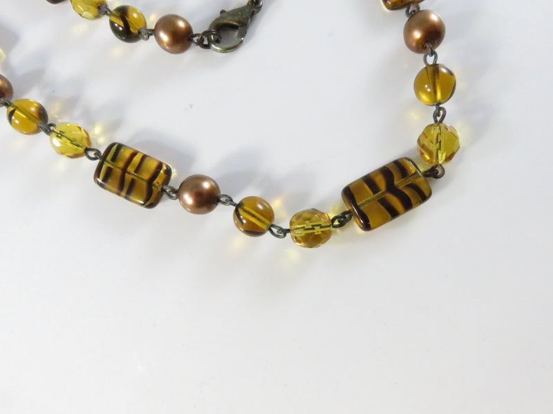 Vintage 1980s Amber & Faux Pearl Glass Bead Necklace, 18 Inch