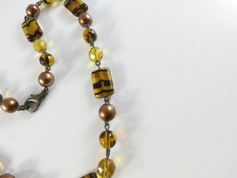 Vintage 1980s Amber & Faux Pearl Glass Bead Necklace, 18 Inch