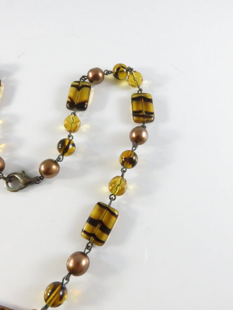 Vintage 1980s Amber & Faux Pearl Glass Bead Necklace, 18 Inch