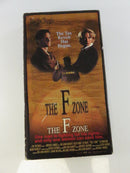 Back of The F Zone VHS slipcase showing synopsis, film stills, THF Home Entertainment logo, and VHS NTSC PG-13 details