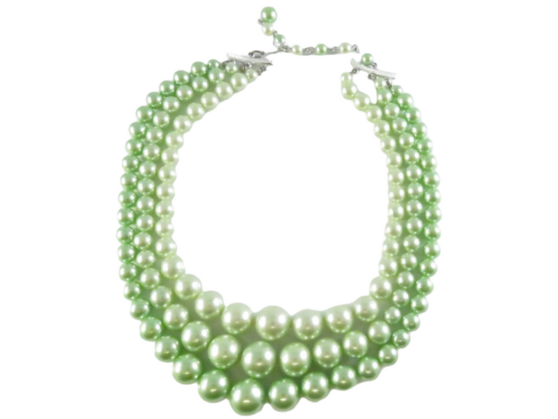 Vintage 1950s Green Faux Pearl Choker Necklace, 3 Strand, Japan — Silver • Pearl — front view