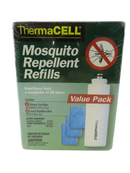 Front of sealed ThermaCELL Mosquito Repellent Refills Value Pack showing 4 butane cartridges and 12 insect repellent mats