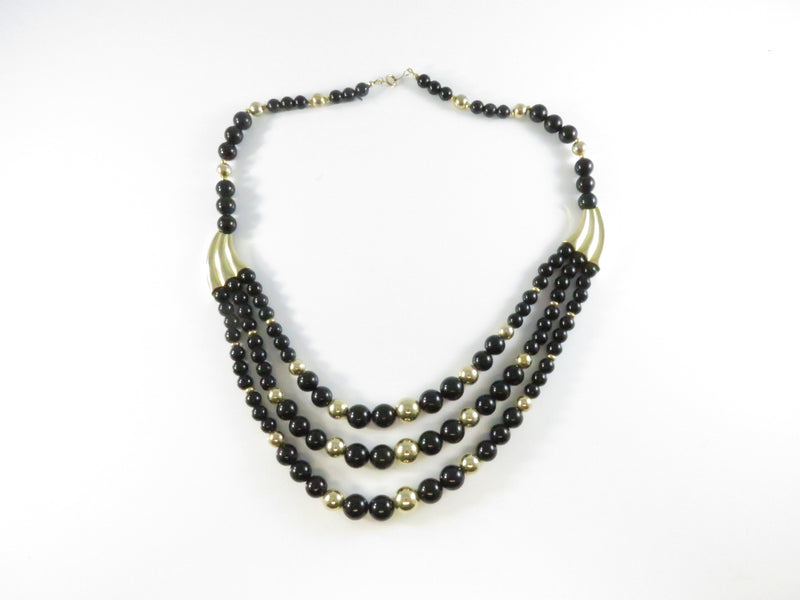 Vintage 1980s Black & Gold Bead Necklace, 3 Strand, Made in Korea
