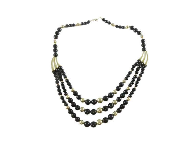 Vintage 1980s Black & Gold Bead Necklace, 3 Strand, Made in Korea