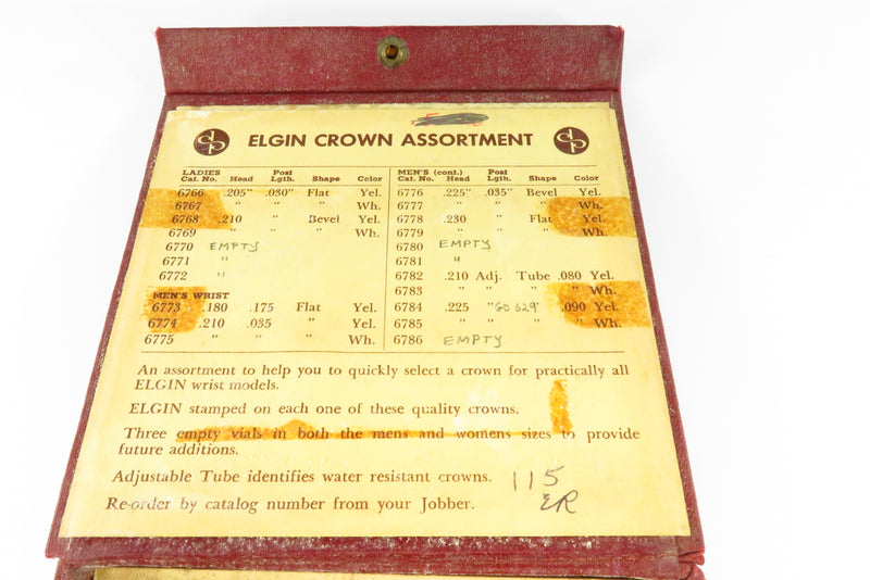 Vintage Elgin Watch Empty Crown Assortment Glass Vials In Case