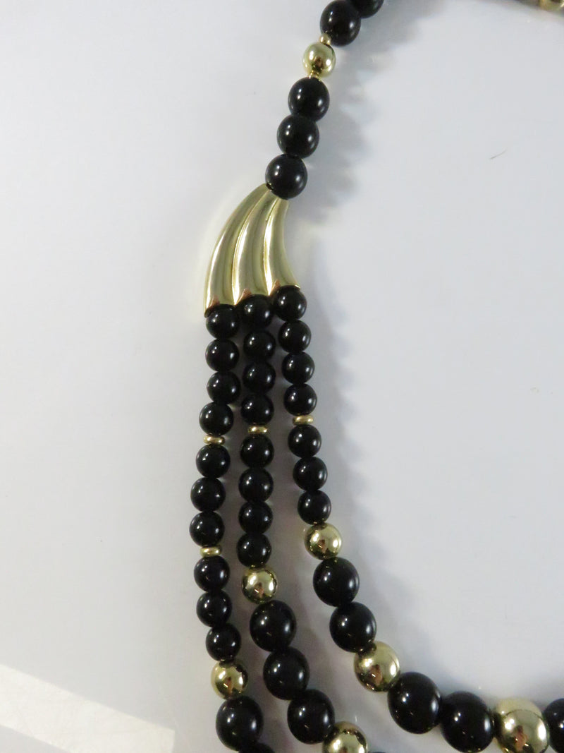 Vintage 1980s Black & Gold Bead Necklace, 3 Strand, Made in Korea