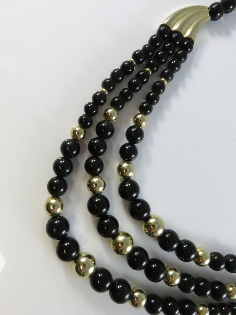 Vintage 1980s Black & Gold Bead Necklace, 3 Strand, Made in Korea